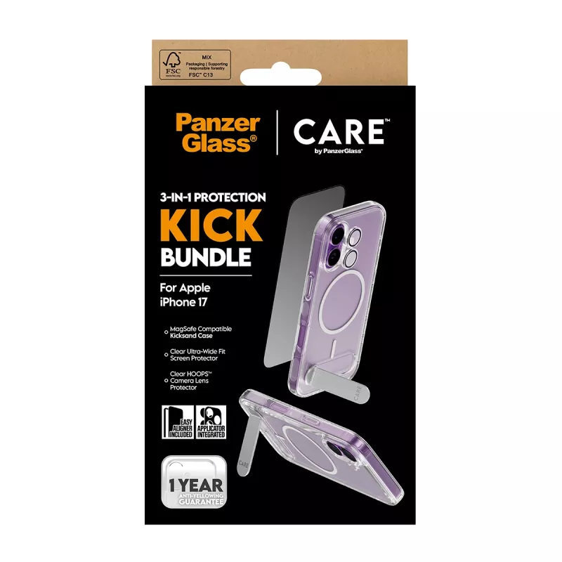 Protective case PanzerGlass CARE Feature Kick 3w1 for iPhone 17 with built-in screen glass and camera lens protection