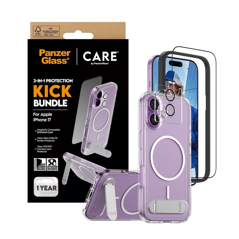 Protective case PanzerGlass CARE Feature Kick 3w1 for iPhone 17 with built-in screen glass and camera lens protection