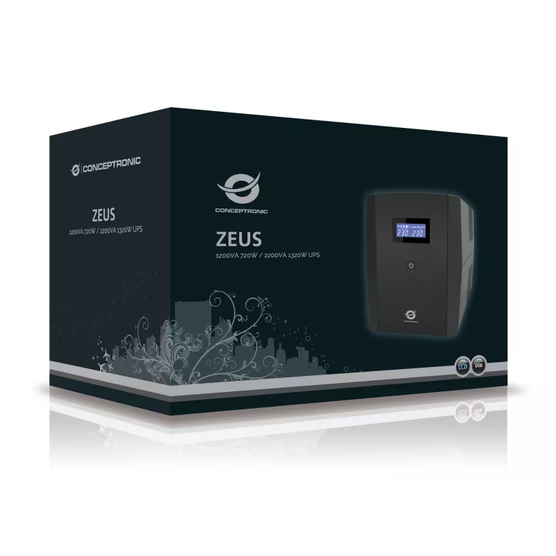 Conceptronic ZEUS 2200VA 1320W UPS, IEC + schuko socket, Line-Interactive, 2.2 kVA, 1320 W, 220 V, 240 V, 220 V