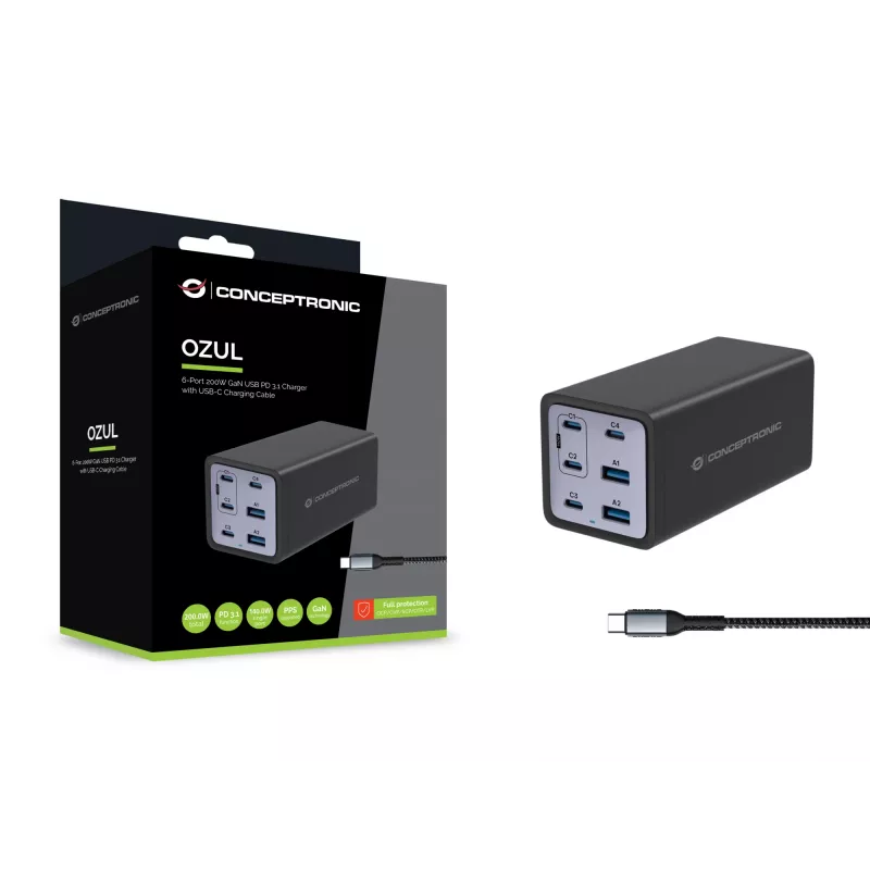 Conceptronic 6-Port 200W GaN USB PD Charger with USB-C Charging Cable, USB-C x 4, USB-A x 2, QC 3.0, PD 3.1, PPS