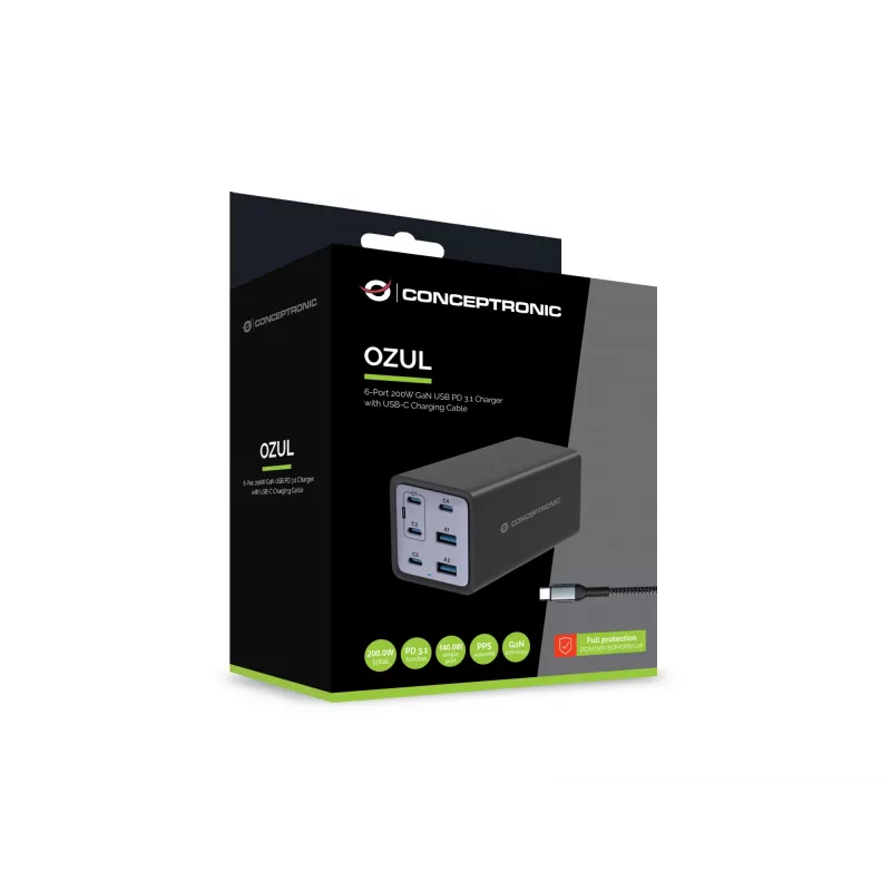 Conceptronic 6-Port 200W GaN USB PD Charger with USB-C Charging Cable, USB-C x 4, USB-A x 2, QC 3.0, PD 3.1, PPS