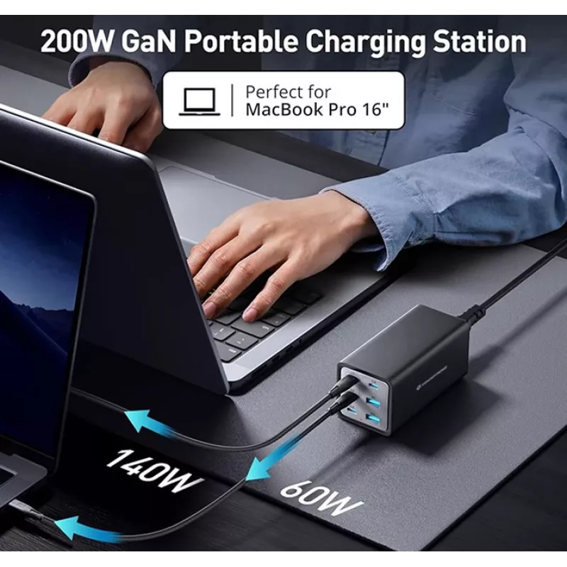 Conceptronic 6-Port 200W GaN USB PD Charger with USB-C Charging Cable, USB-C x 4, USB-A x 2, QC 3.0, PD 3.1, PPS
