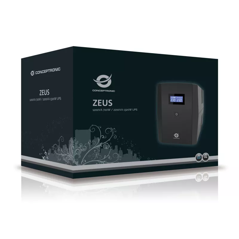 Conceptronic ZEUS 1200VA 720W UPS, IEC + schuko socket, Line-Interactive, 1.2 kVA, 720 W, 220 V, 240 V, 220 V