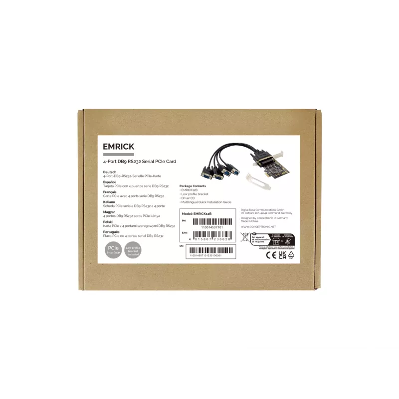 Conceptronic 4-Port DB9 RS232 Serial PCIe Card, PCIe, RS-232, PCIe 2.0, RS-232, Black, China
