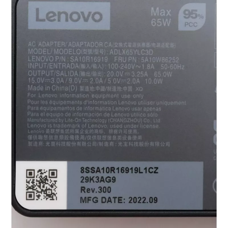 Lenovo 5A10W86252 power adapter/inverter Indoor 65 W Black