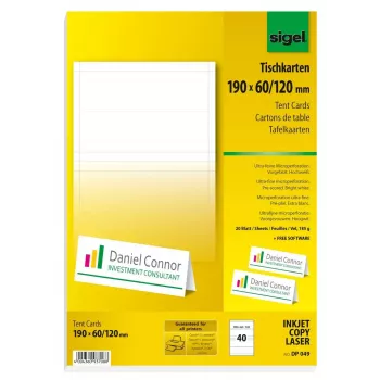 Sigel DP049 Table Cards, 190 x 60 mm, 185 g/m², Bright White, 40 pcs (20 Sheets x 2)