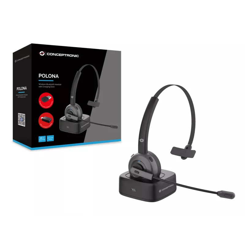 Conceptronic POLONA Wireless Bluetooth Headset with Charging Dock & Bluetooth USB Audio Adapter