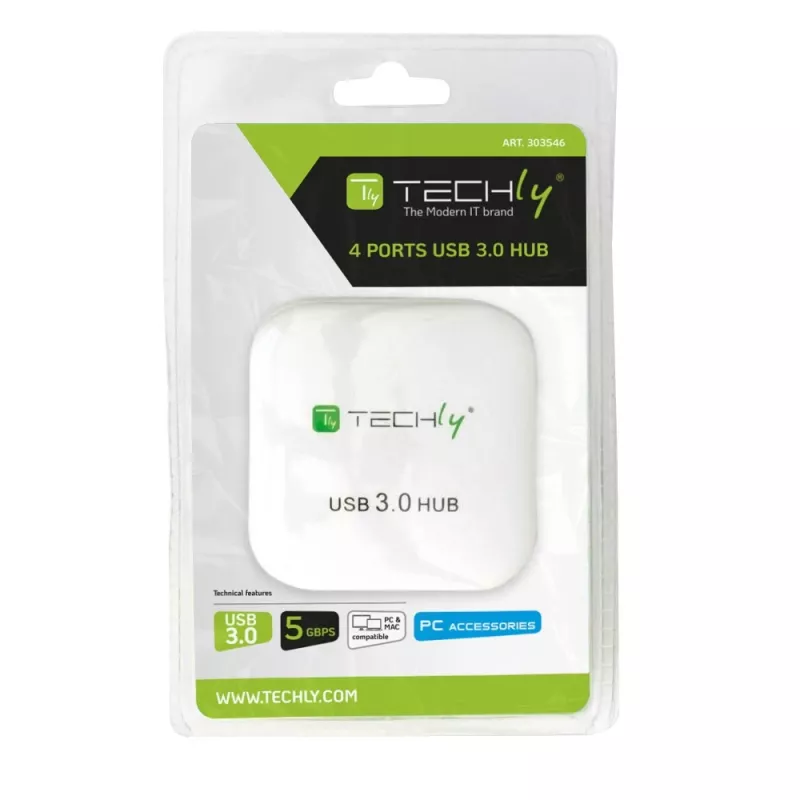 Techly USB 3.0 Super Speed Hub 4 Ports White IUSB3-HUB4-WH, USB 3.2 Gen 1 (3.1 Gen 1) Type-A, 5000 Mbit/s, White, 0.8 m, CE, RoHS, USB 2.0 USB 1.1