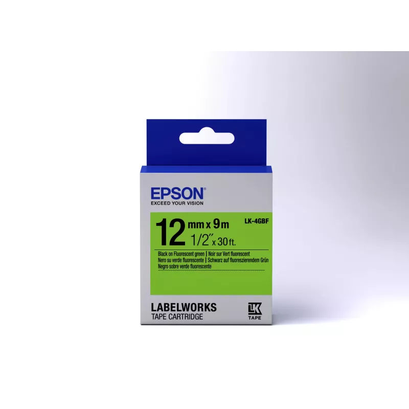 Epson Label Cartridge Fluorescent LK-4GBF Black/Green 12mm (9m)