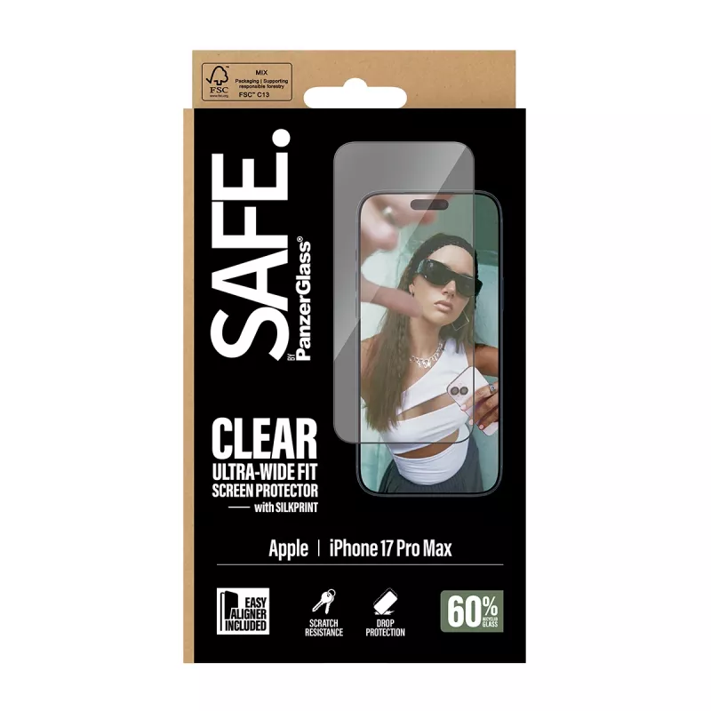 Screen protector PanzerGlass SAFE. for iPhone 17 Pro Max – Ultra-wide PET film with black frame, EasyAligner, scratch- and shock-resistant