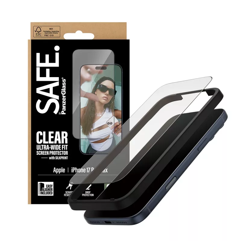 Screen protector PanzerGlass SAFE. for iPhone 17 Pro Max – Ultra-wide PET film with black frame, EasyAligner, scratch- and shock-resistant