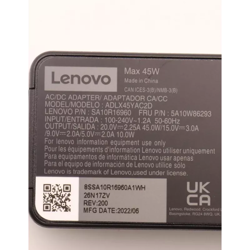 Lenovo 5A10W86293 power adapter/inverter Indoor 45 W Black