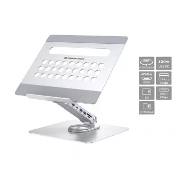 Conceptronic DONN27G, Laptop stand, Silver, Aluminium, 360°, USB 3.2 Gen 1 (3.1 Gen 1) Type-C, 5000 Mbit/s