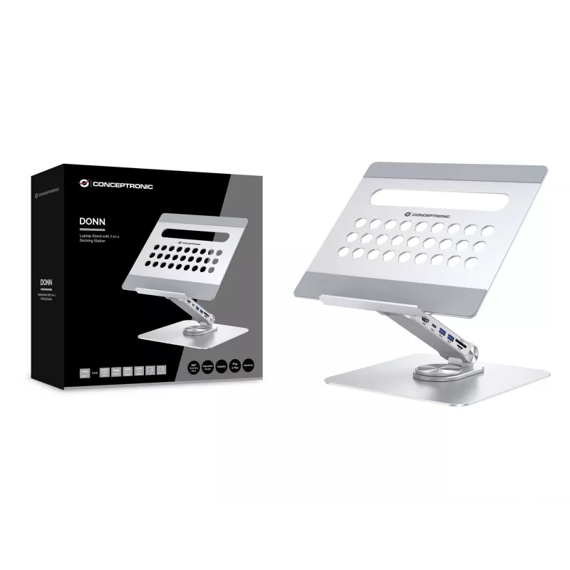 Conceptronic DONN27G, Laptop stand, Silver, Aluminium, 360°, USB 3.2 Gen 1 (3.1 Gen 1) Type-C, 5000 Mbit/s