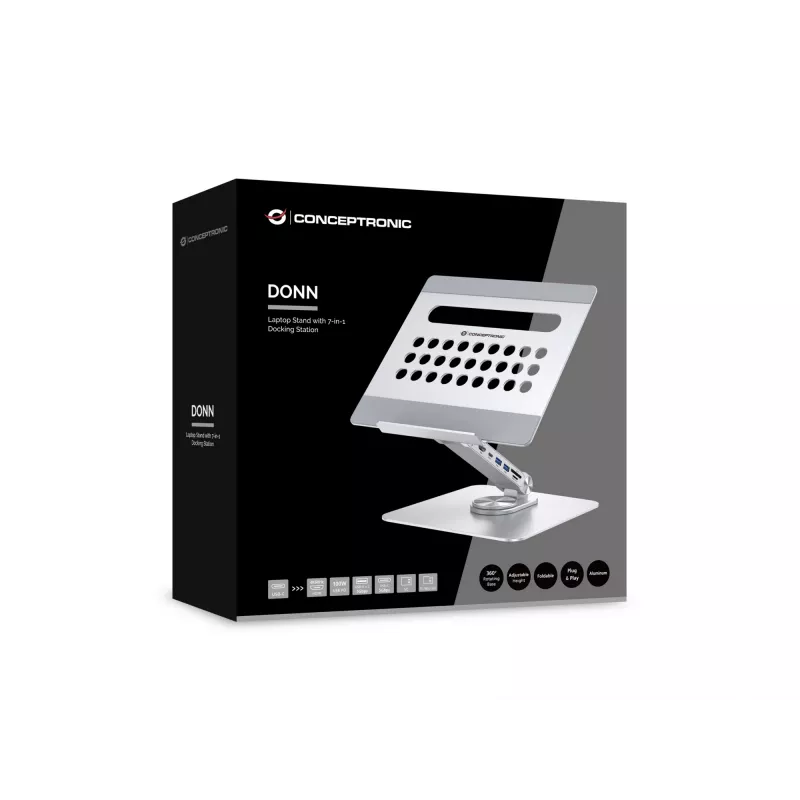 Conceptronic DONN27G, Laptop stand, Silver, Aluminium, 360°, USB 3.2 Gen 1 (3.1 Gen 1) Type-C, 5000 Mbit/s