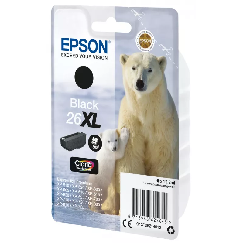 Epson Singlepack Black 26XL Claria Premium Ink, High (XL) Yield, Black, Pigment-based ink, 12.2 ml, 1 pc(s), 500 pages