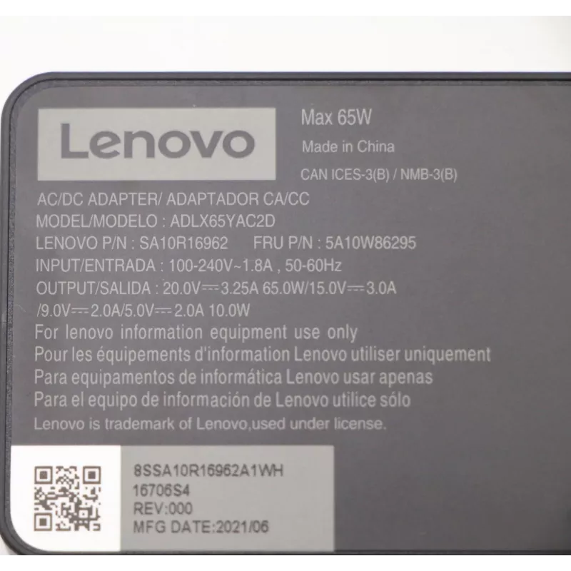 Lenovo 5A10W86295 power adapter/inverter Indoor 65 W Black