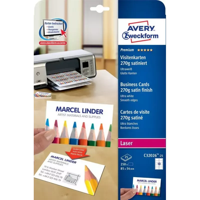 Business card sheets Avery Zweckform C32026-25, 85×54 mm, white cardboard, 25 cards