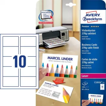 Business card sheets Avery Zweckform C32026-25, 85×54 mm, white cardboard, 25 cards