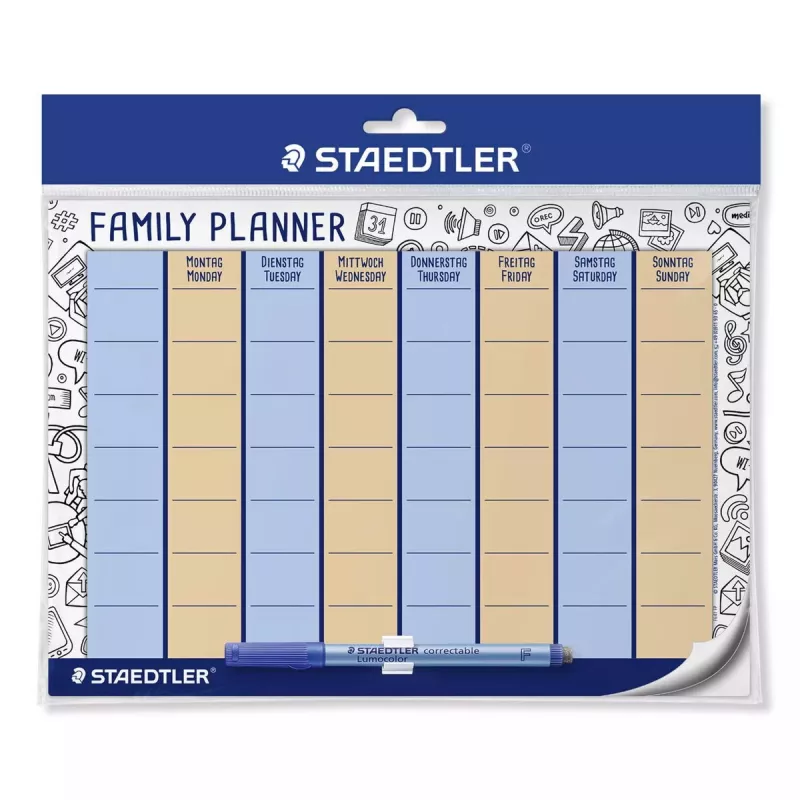 STAEDTLER Lumocolor Family Planner Set 641 FP - Reusable Dry-Wipe A4 Wall & Fridge Organiser with 4 Markers