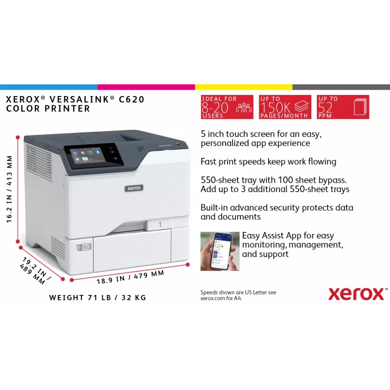 Xerox VersaLink C620 A4 50ppm Duplex Printer PS3 PCL5e/6 2 Trays 650 Sheets