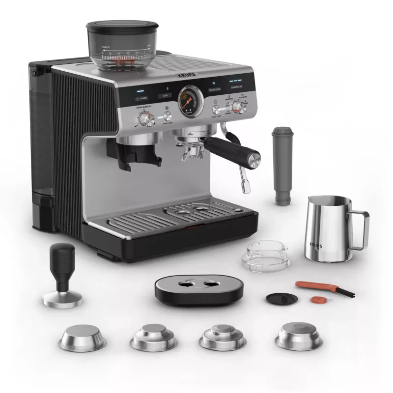 Espresso machine KRUPS XP801T semi‑automatic with built‑in grinder, 3 L water tank, 2‑cup output, black/stainless steel