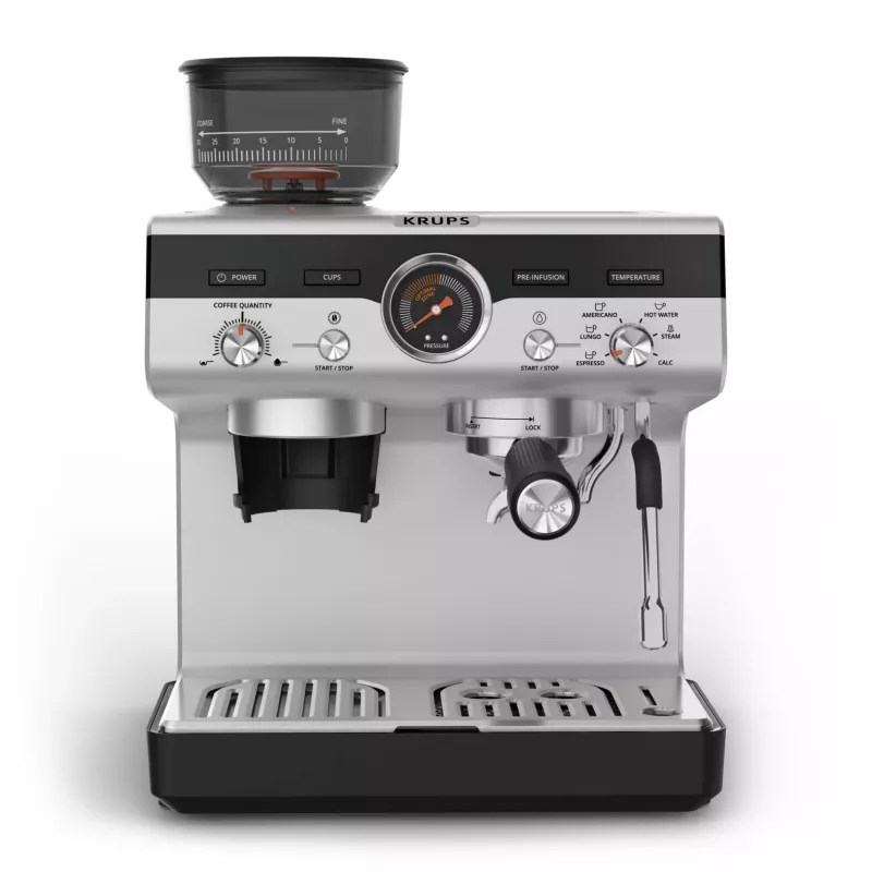 Espresso machine KRUPS XP801T semi‑automatic with built‑in grinder, 3 L water tank, 2‑cup output, black/stainless steel
