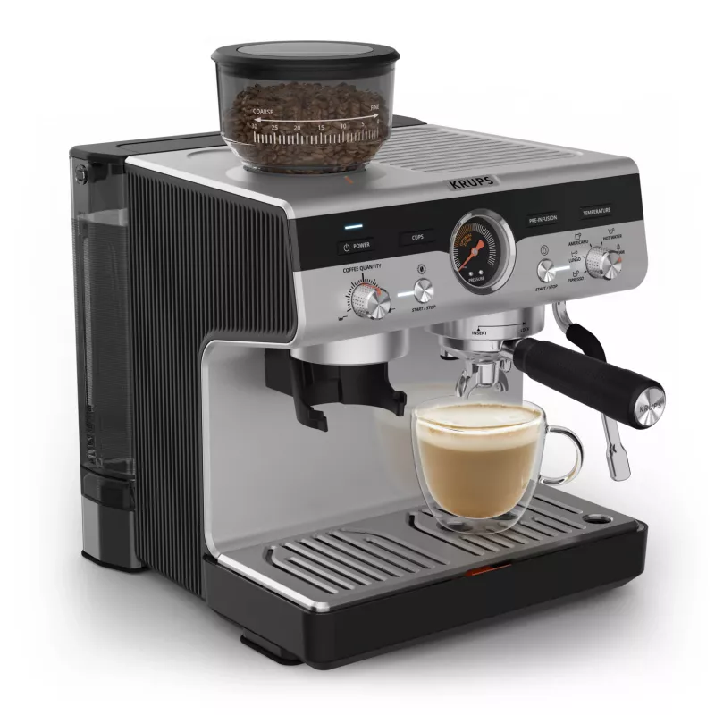Espresso machine KRUPS XP801T semi‑automatic with built‑in grinder, 3 L water tank, 2‑cup output, black/stainless steel