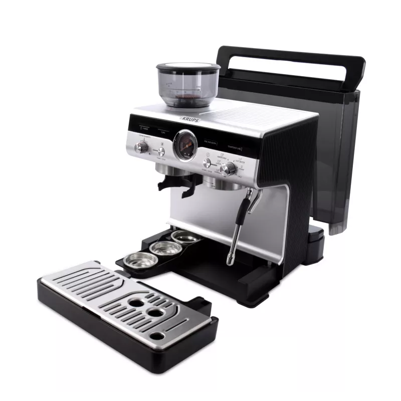 Espresso machine KRUPS XP801T semi‑automatic with built‑in grinder, 3 L water tank, 2‑cup output, black/stainless steel
