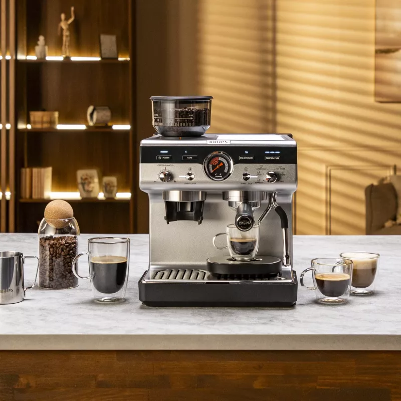Espresso machine KRUPS XP801T semi‑automatic with built‑in grinder, 3 L water tank, 2‑cup output, black/stainless steel