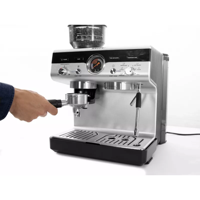 Espresso machine KRUPS XP801T semi‑automatic with built‑in grinder, 3 L water tank, 2‑cup output, black/stainless steel