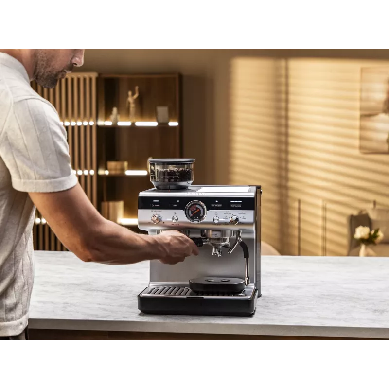 Espresso machine KRUPS XP801T semi‑automatic with built‑in grinder, 3 L water tank, 2‑cup output, black/stainless steel