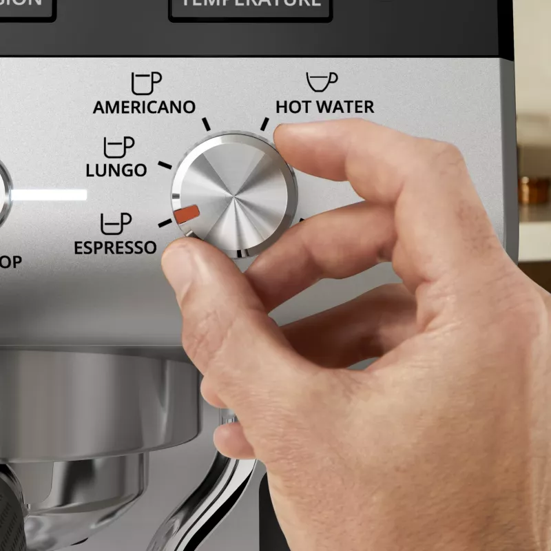 Espresso machine KRUPS XP801T semi‑automatic with built‑in grinder, 3 L water tank, 2‑cup output, black/stainless steel