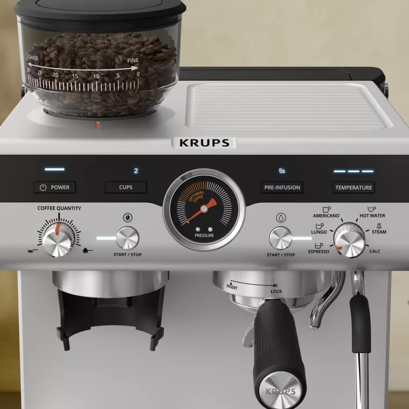 Espresso machine KRUPS XP801T semi‑automatic with built‑in grinder, 3 L water tank, 2‑cup output, black/stainless steel