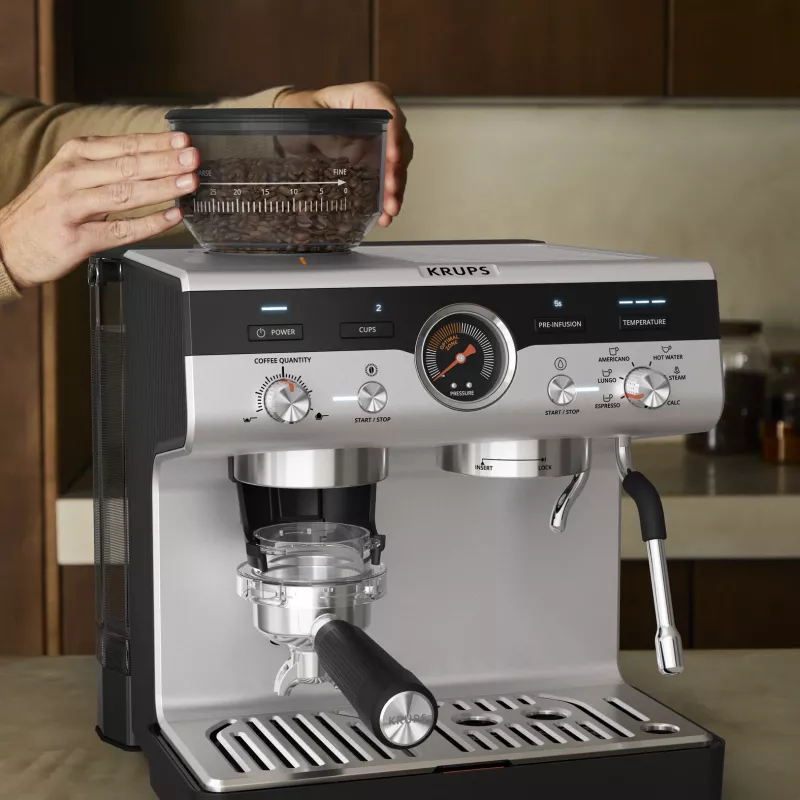 Espresso machine KRUPS XP801T semi‑automatic with built‑in grinder, 3 L water tank, 2‑cup output, black/stainless steel
