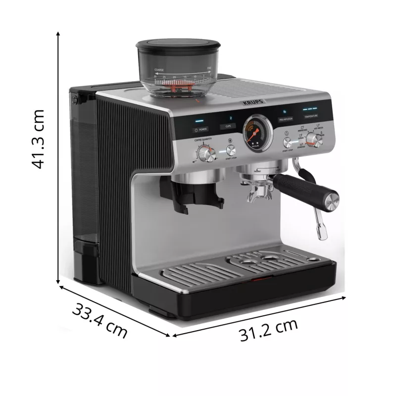Espresso machine KRUPS XP801T semi‑automatic with built‑in grinder, 3 L water tank, 2‑cup output, black/stainless steel