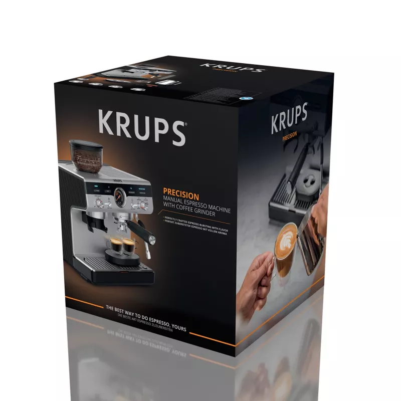 Espresso machine KRUPS XP801T semi‑automatic with built‑in grinder, 3 L water tank, 2‑cup output, black/stainless steel