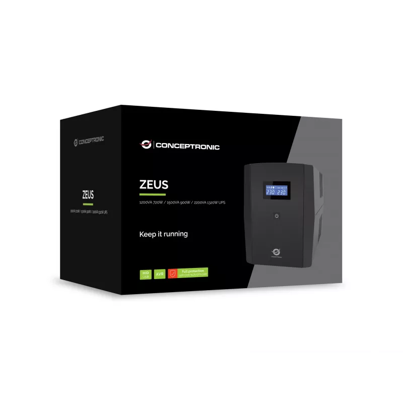 Conceptronic ZEUS03G 1200VA 720W UPS, UK socket x 4, HID USB, RJ45 In/Out, AVR