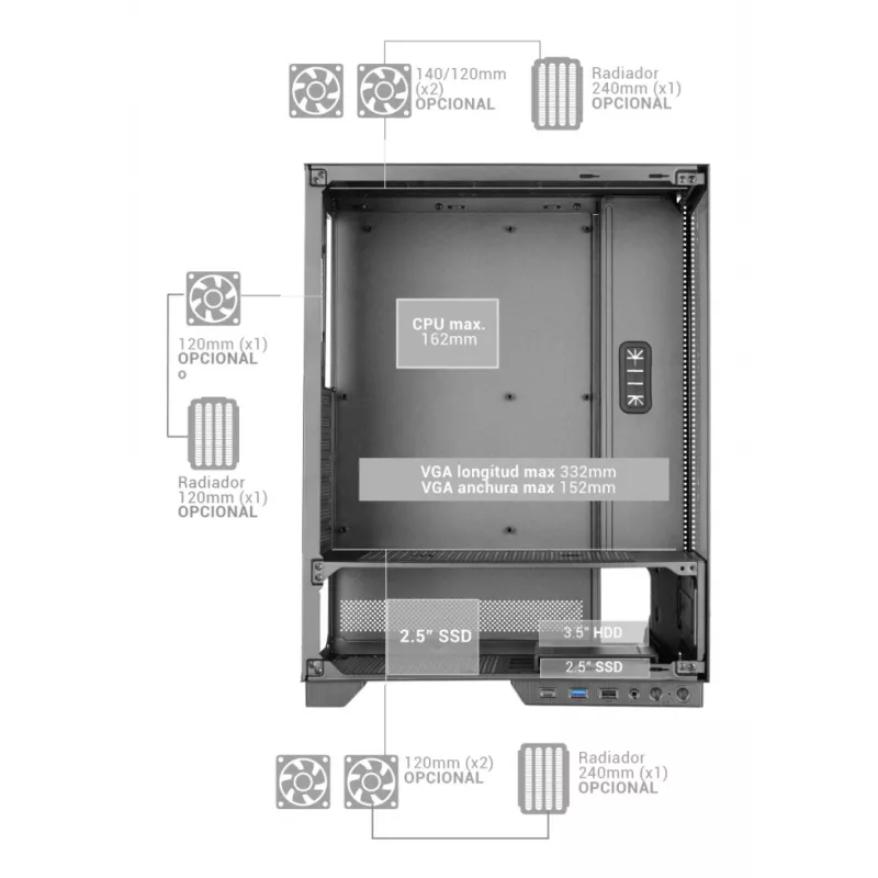 PC case TACENS MARS MC-PULSAR LCD ATX Midi Tower, tempered glass, front LCD, USB-C, supports GPU 33.2 cm