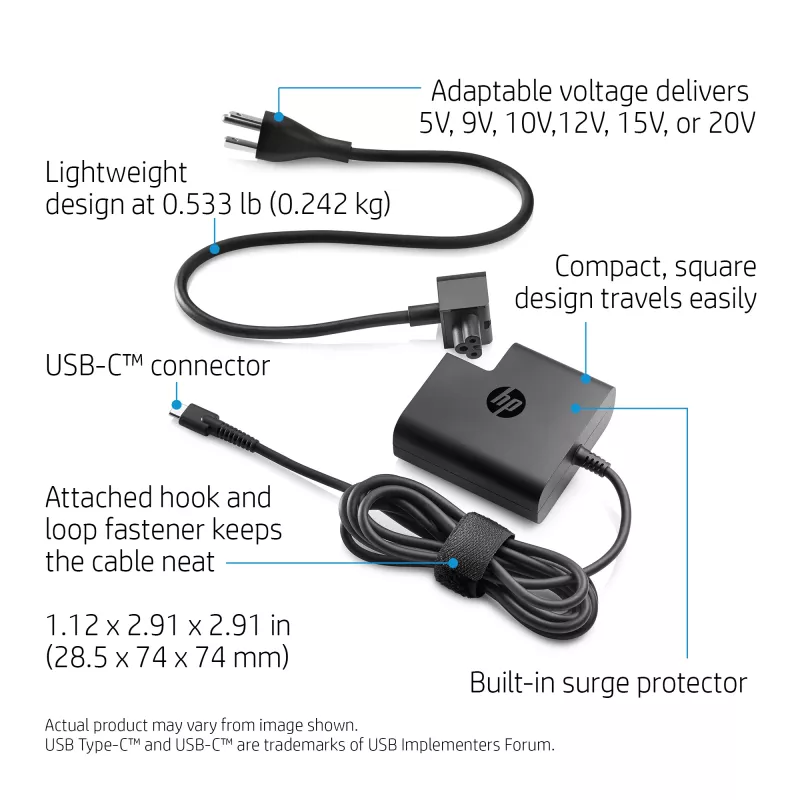 AC USB-C Travel Power Adapter 65W — HP — compact 100–240V indoor charger, black, 74×74×28.5 mm