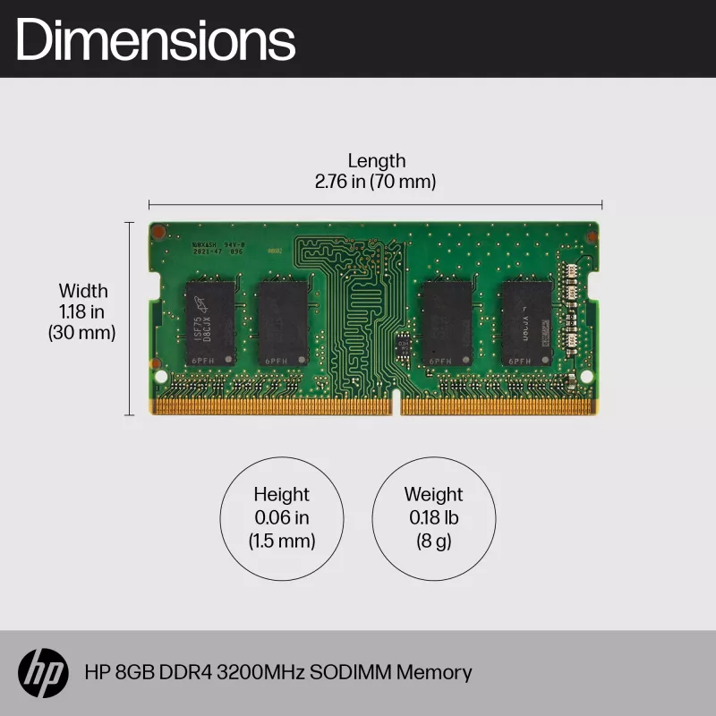HP 8GB DDR4 3200 SODIMM Memory, Business, Windows 10, Windows 11, 70 mm, 30 mm, 1.5 mm, 8 g