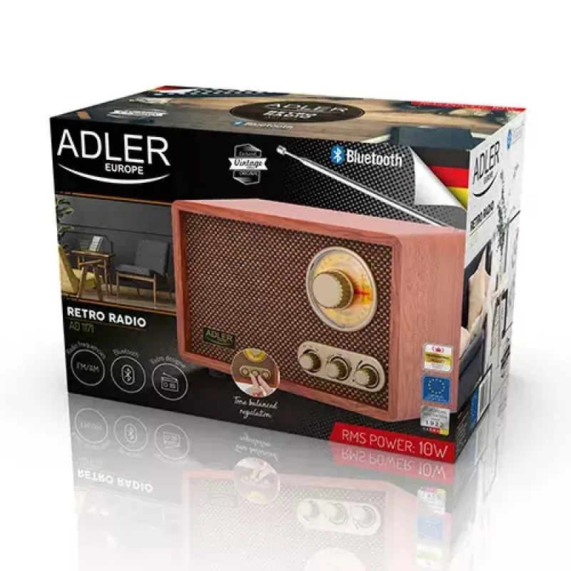 Portable radio Adler AD 1171 — AM/FM, 10 W RMS, Bluetooth, external antenna, bronze, 290×200×172 mm