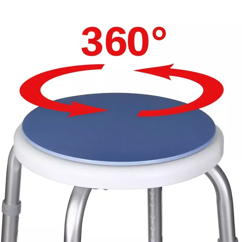 Shower swivel stool ActionMed KP400AM — round compact rotating shower seat, adjustable height, 4 legs, non-slip feet, silver