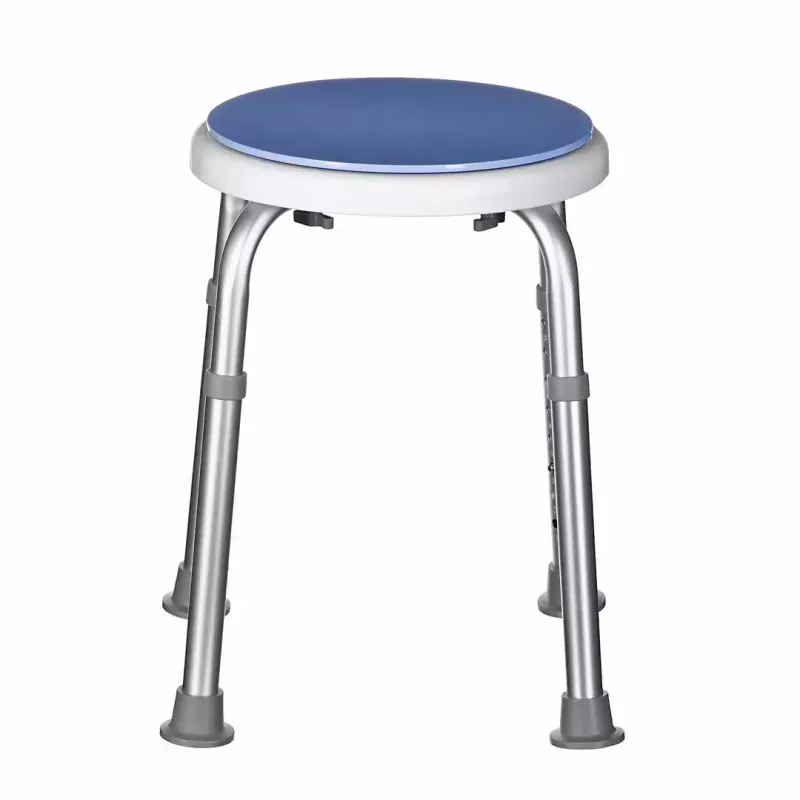 Shower swivel stool ActionMed KP400AM — round compact rotating shower seat, adjustable height, 4 legs, non-slip feet, silver
