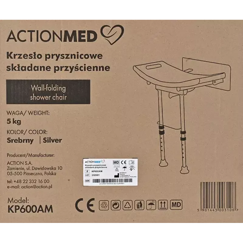 Wall-mounted folding shower chair ActionMed KP600AM — white, ergonomic seat, adjustable non-slip feet, 3 kg