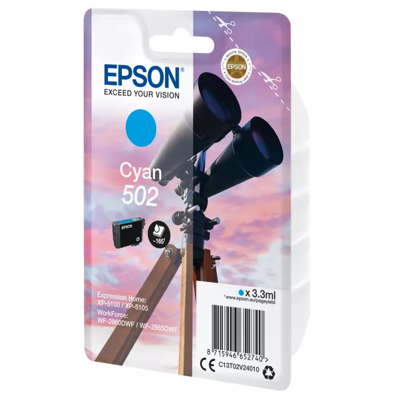 Epson Singlepack Cyan 502 Ink, Standard Yield, Cyan, 3.3 ml, 1 pc(s), 165 pages