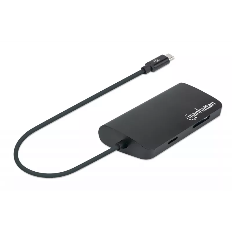 Manhattan USB-C Dock/Hub with Card Reader, Ports (x5): Ethernet, USB-A (3) and USB-C, 5 Gbps (USB 3.2 Gen1 aka USB 3.0), With Power Delivery (100W) to USB-C Port (Note additional USB-C wall charger and USB-C cable needed), Universal for all devices, Aluminium