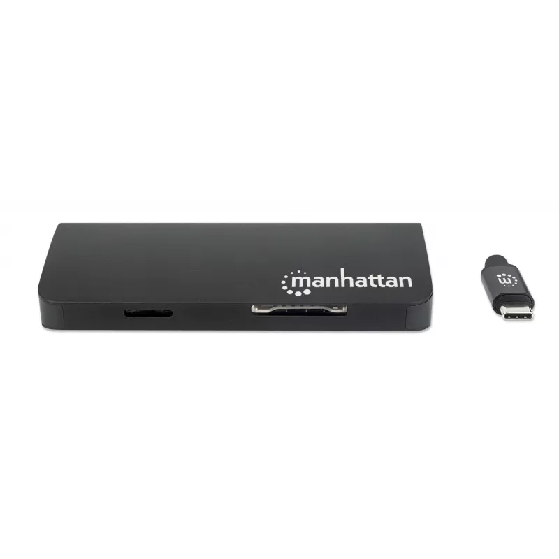 Manhattan USB-C Dock/Hub with Card Reader, Ports (x5): Ethernet, USB-A (3) and USB-C, 5 Gbps (USB 3.2 Gen1 aka USB 3.0), With Power Delivery (100W) to USB-C Port (Note additional USB-C wall charger and USB-C cable needed), Universal for all devices, Aluminium
