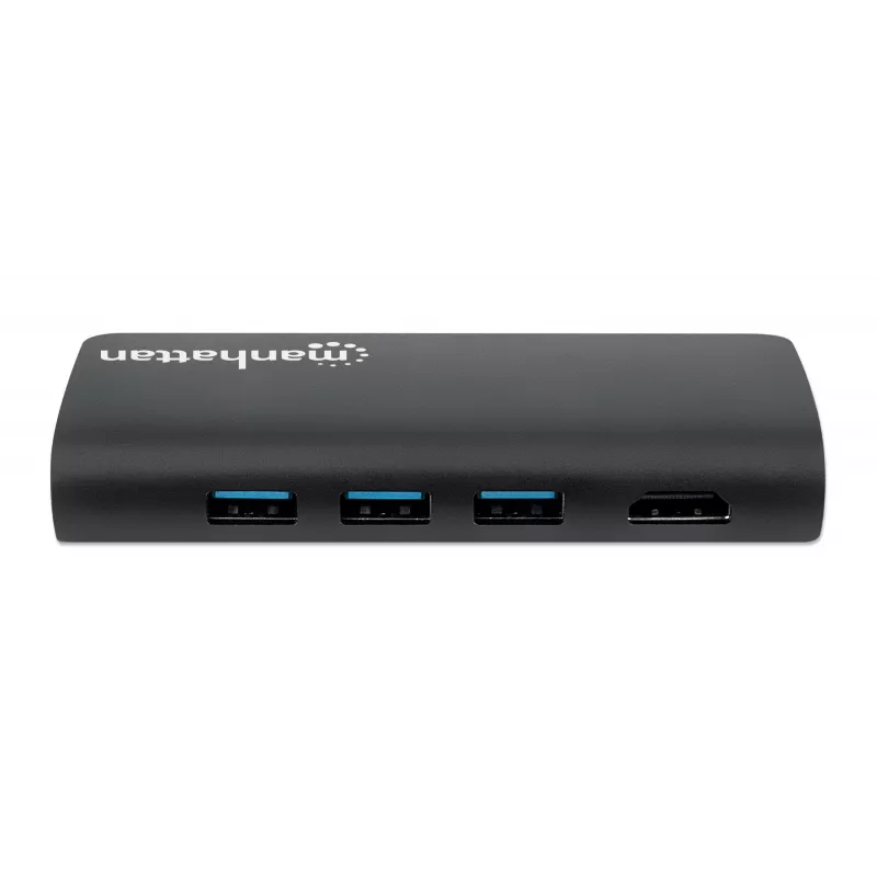 Manhattan USB-C Dock/Hub with Card Reader, Ports (x5): Ethernet, USB-A (3) and USB-C, 5 Gbps (USB 3.2 Gen1 aka USB 3.0), With Power Delivery (100W) to USB-C Port (Note additional USB-C wall charger and USB-C cable needed), Universal for all devices, Aluminium