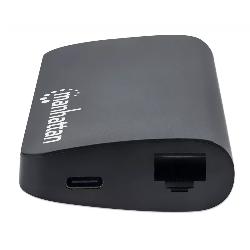 Manhattan USB-C Dock/Hub with Card Reader, Ports (x5): Ethernet, USB-A (3) and USB-C, 5 Gbps (USB 3.2 Gen1 aka USB 3.0), With Power Delivery (100W) to USB-C Port (Note additional USB-C wall charger and USB-C cable needed), Universal for all devices, Aluminium